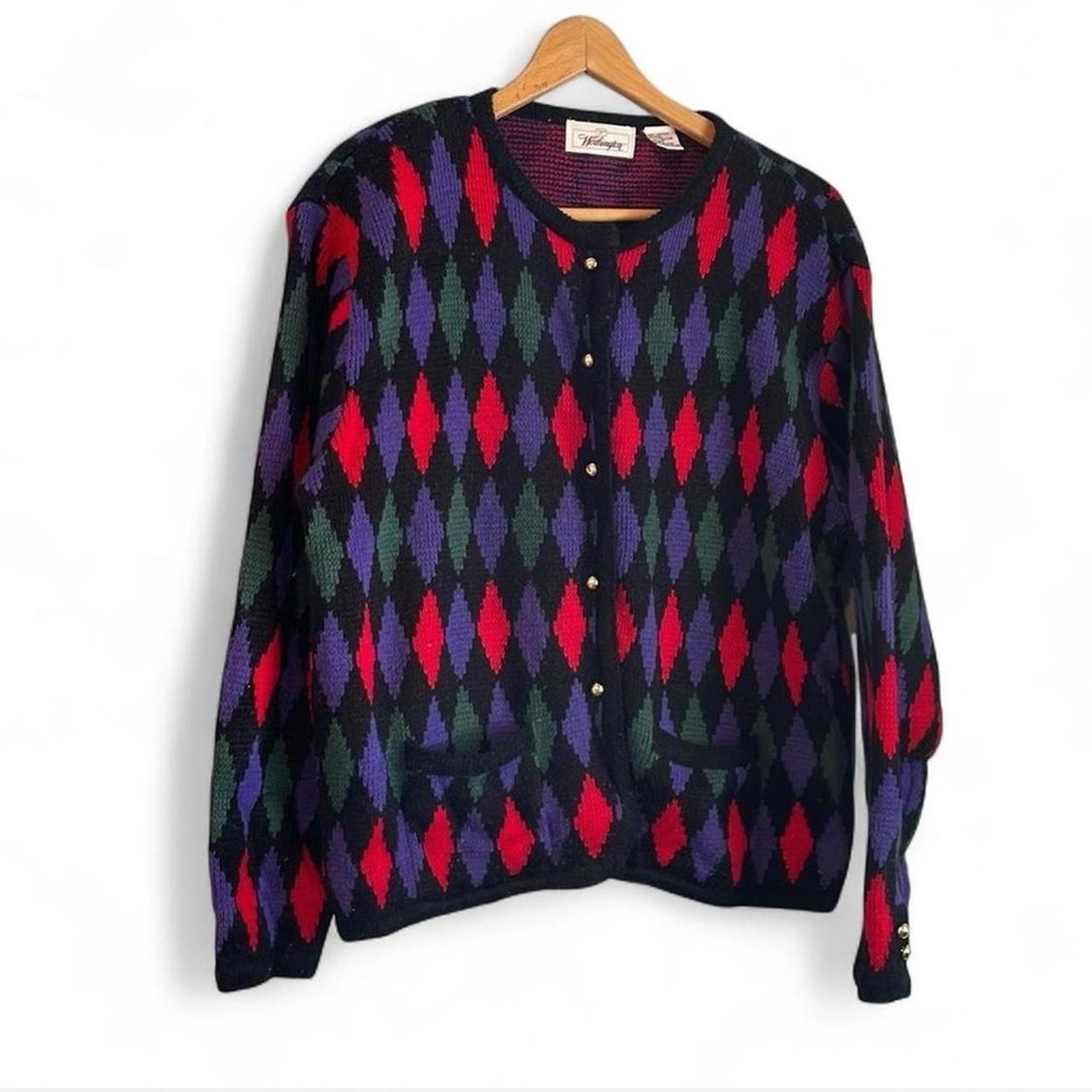 Worthington Vintage Women's L Acrylic Diamond Black Multicolor Cardigan Sweater